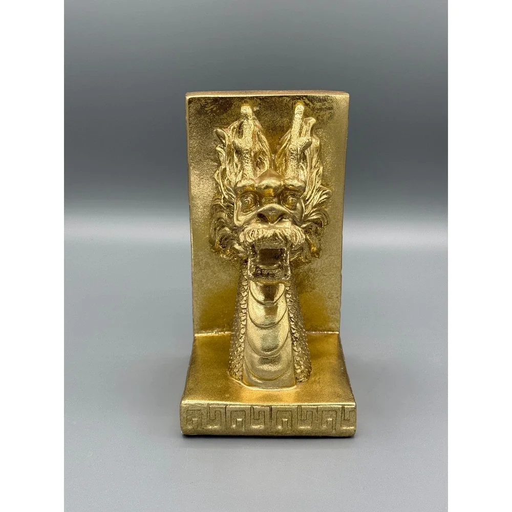 Gold Dragon Head Bookend Mythical Chinese Greek Key Decor 6 Inch Single